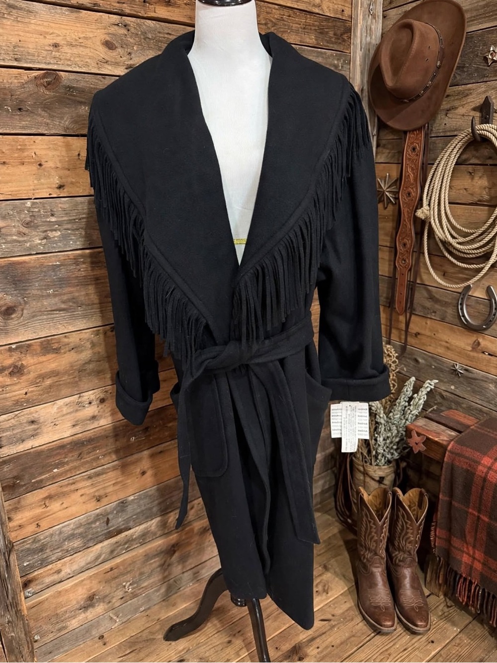 BRAEFAIR Black Fringe Belted Women's Coat Size 24W